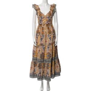 Caroline Constas Tuckernuck Diamond Floral Print Smocked Cotton Midi Dress M